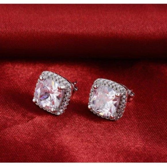 NEW Silver Cushion Diamond Halo Stud Earrings - Picture 4 of 7